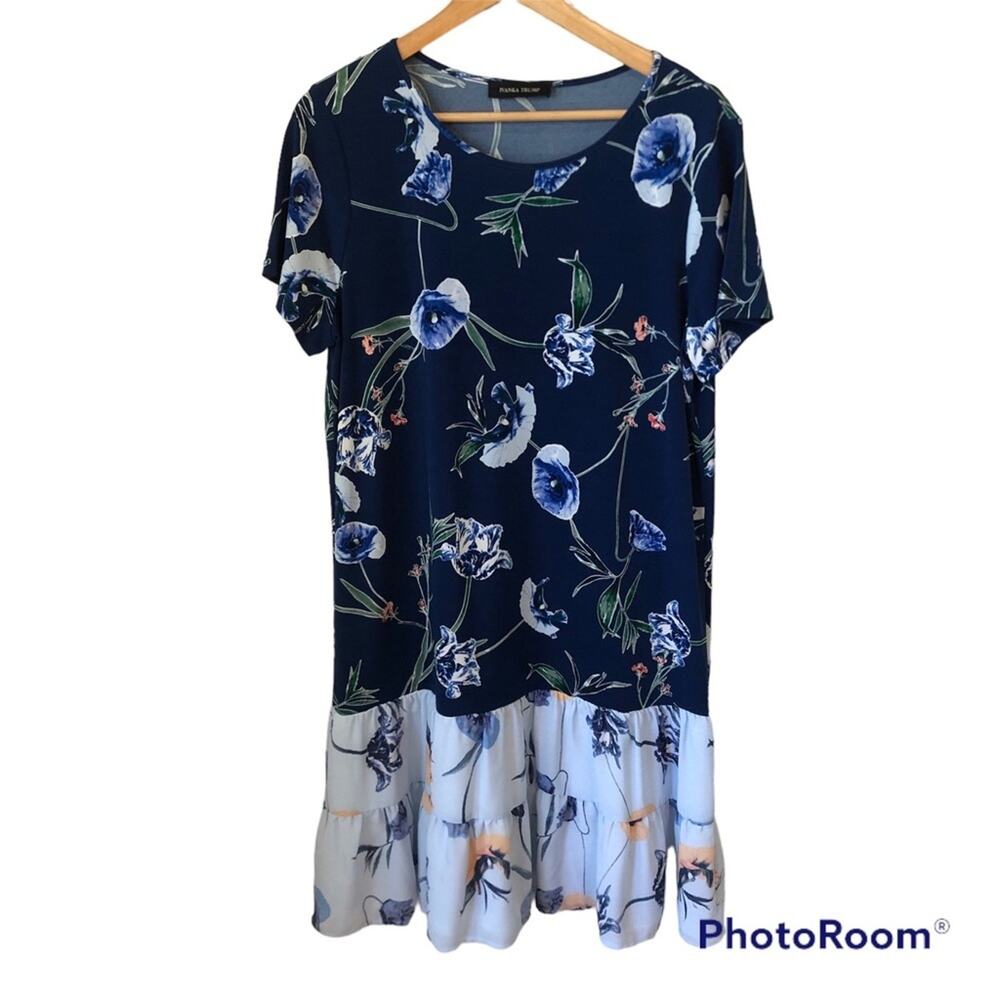 Ivanka Trump Women’s Size Large Dress Navy Blue Floral Drop Waist Midi Modest